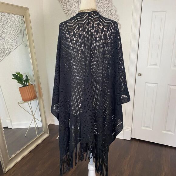 Whimsygoth Asymmetric Black Soft Fringe Long Open Front Poncho Shawl Top OS - Picture 6 of 8